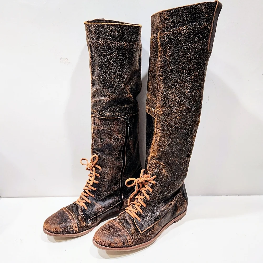 Sibyl Vane Knee High Riding Boots Distressed Leather Women 37 Equestrian Gaucho